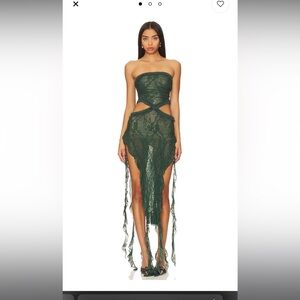 Jaded London Scrunch Lace Ruffle Dress in Olive size US 4